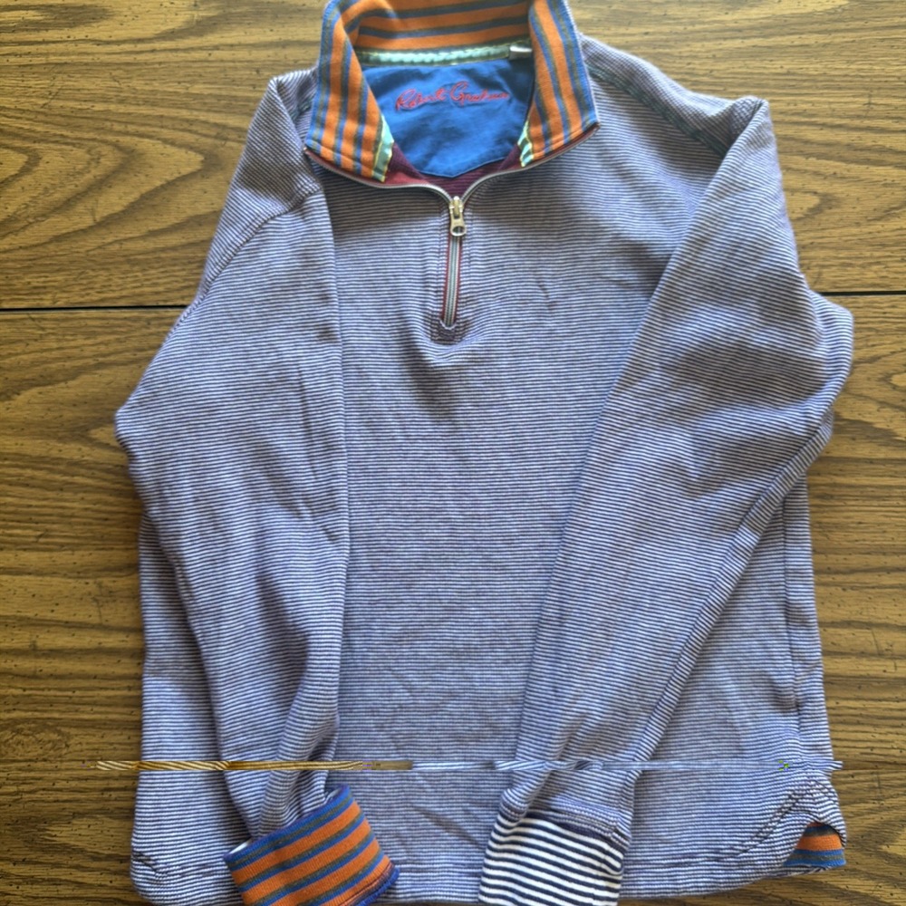 Robert Graham Mens M Blue Waffle Knit Quarter Zip Pullover Sweater Striped Cuffs